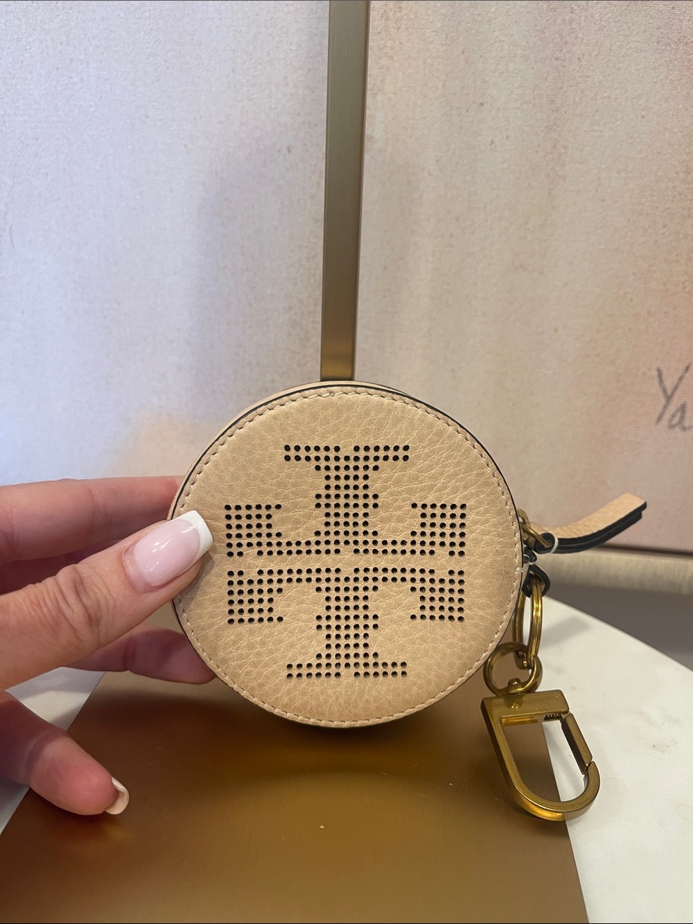 Tory Burch Beige Perforated Round Leather Key Pouch